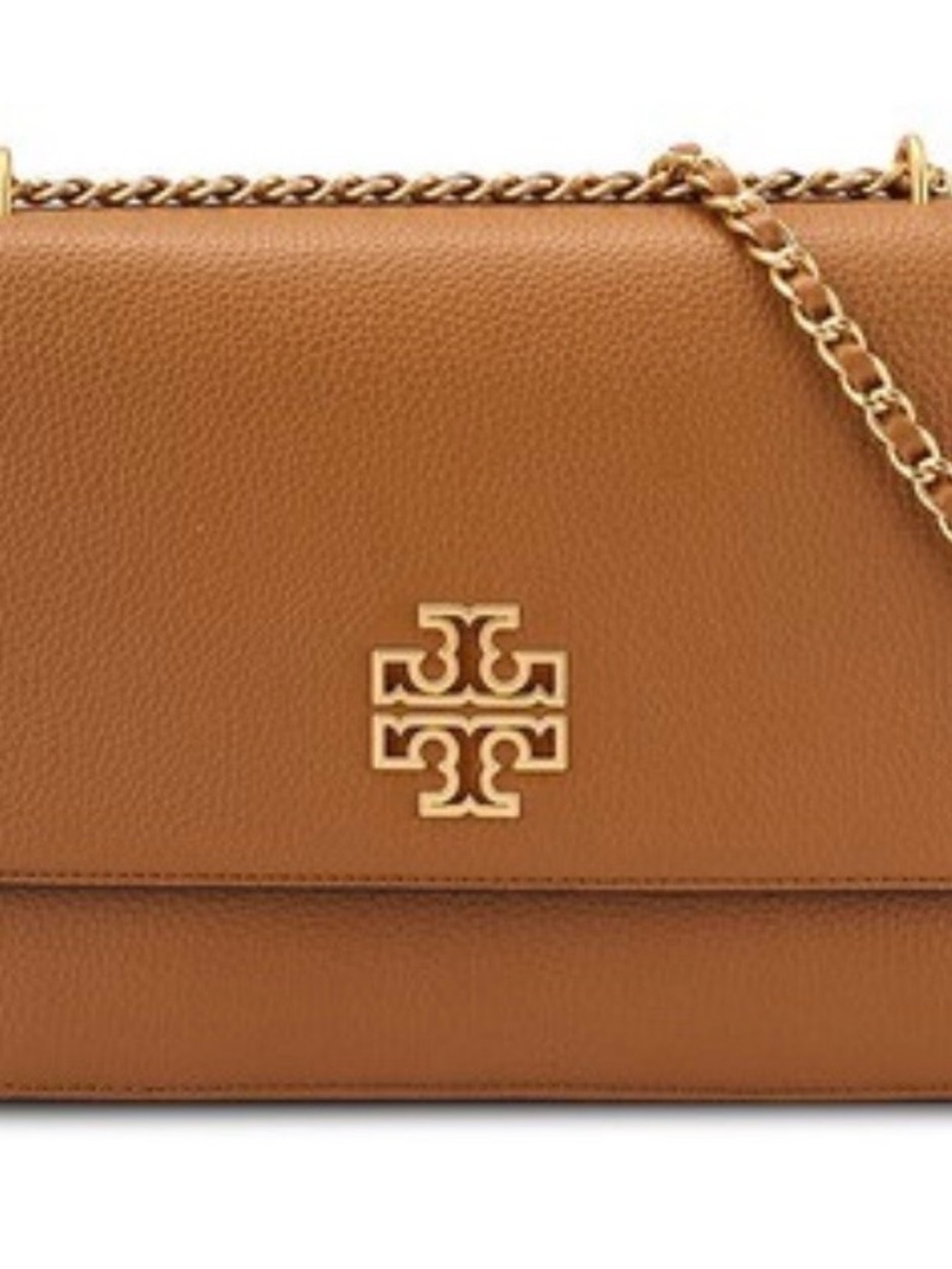 Tory Burch Tan Pebbled Leather Chain Crossbody with Gold Logo